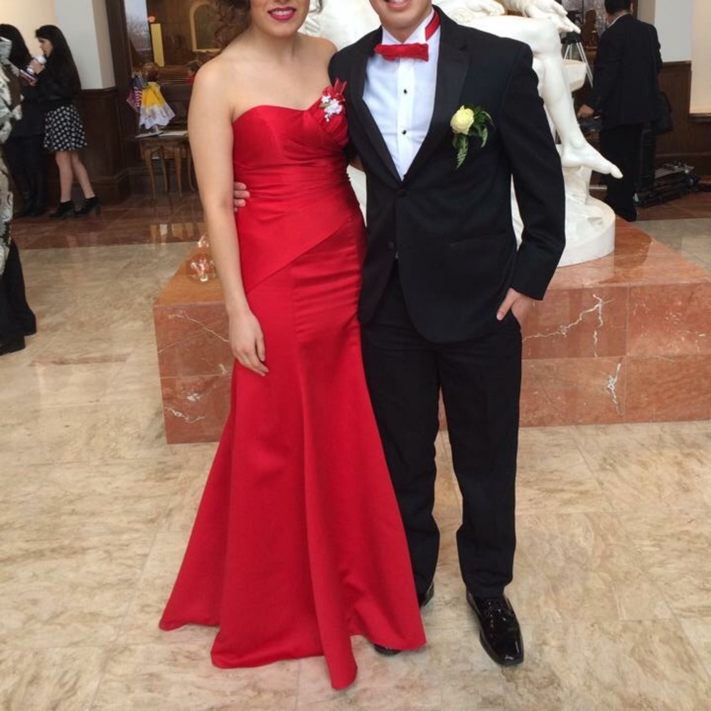 Red satin dress.
